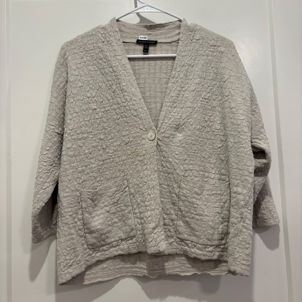 Eileen Fisher Organic Linen Cotton Textured Cardigan Beige Medium F16LLV
